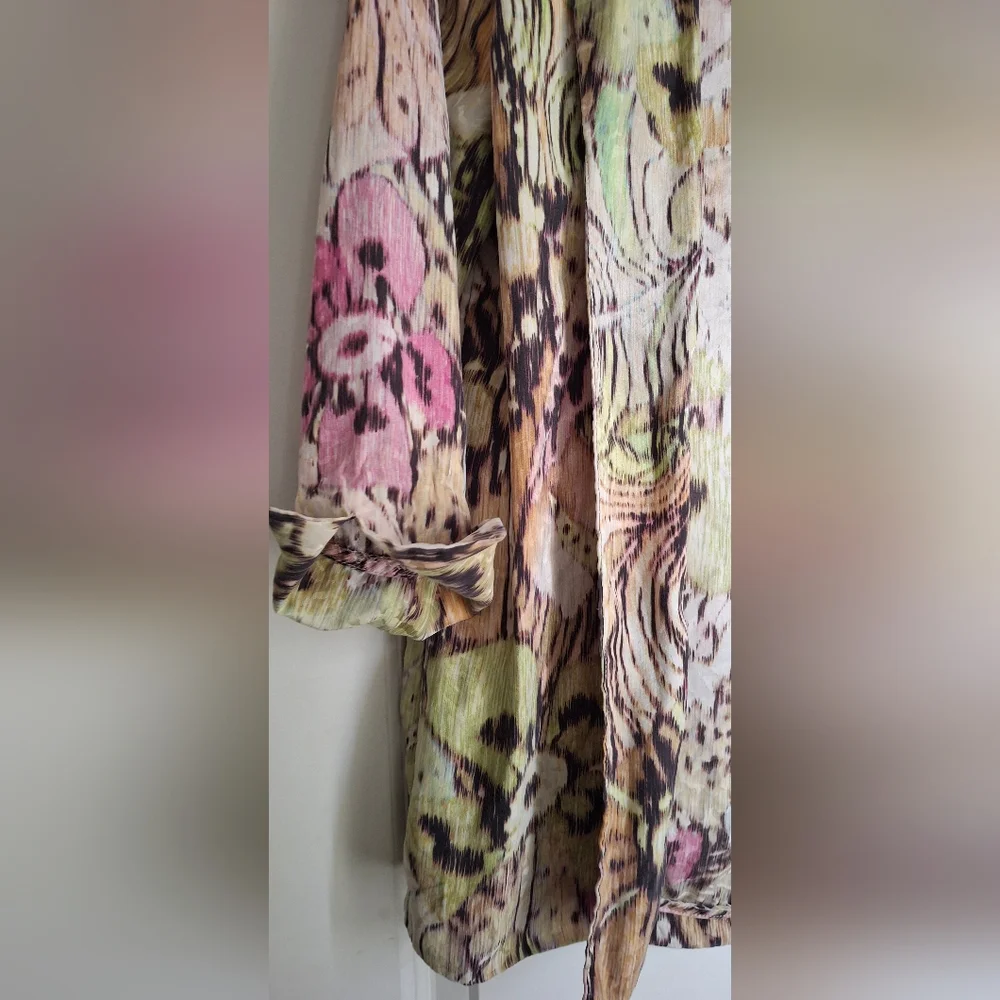Chicos Womens Sweater Silk Multicolor Floral Open Front Blazer Lightweight Sz 1